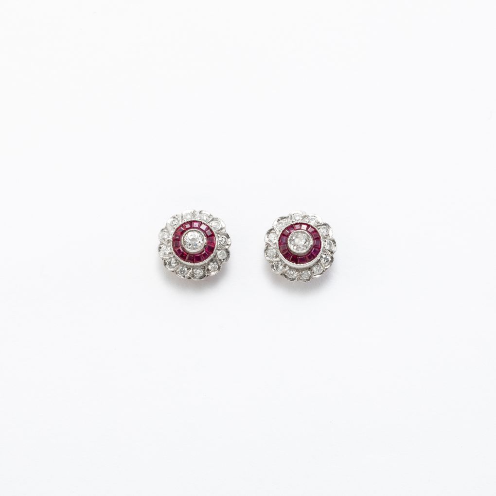 Orecchini Liberty in Platino con Rubini e Diamanti