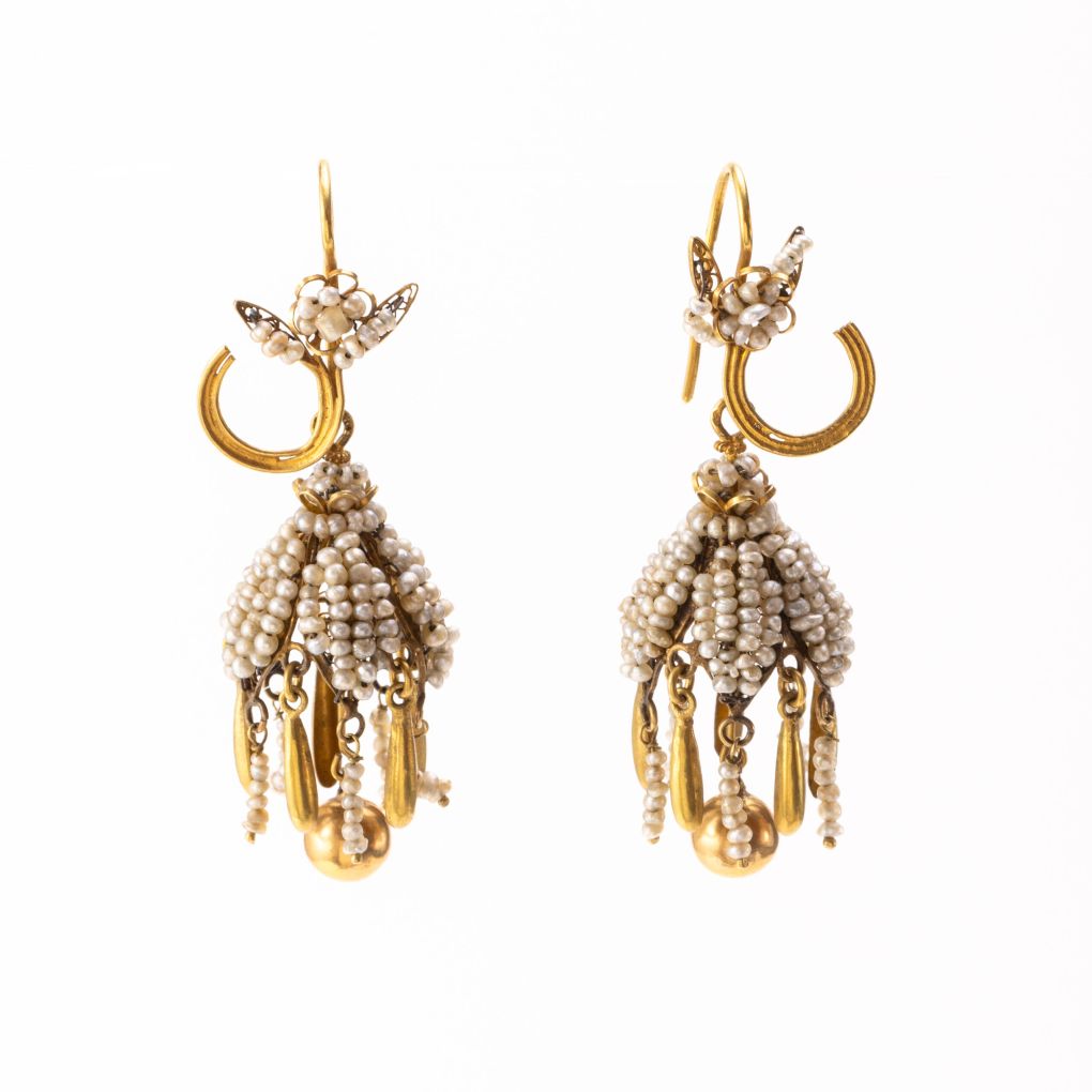 Yellow Gold Pendant Earrings with River Micro Pearls, 19th Century