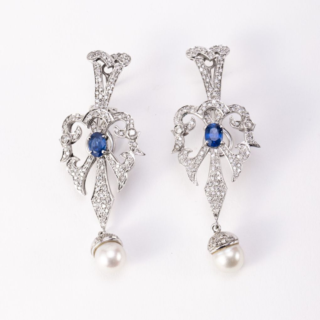 Liberty Earrings in White Gold with Diamonds, Sapphires, and Pearls
