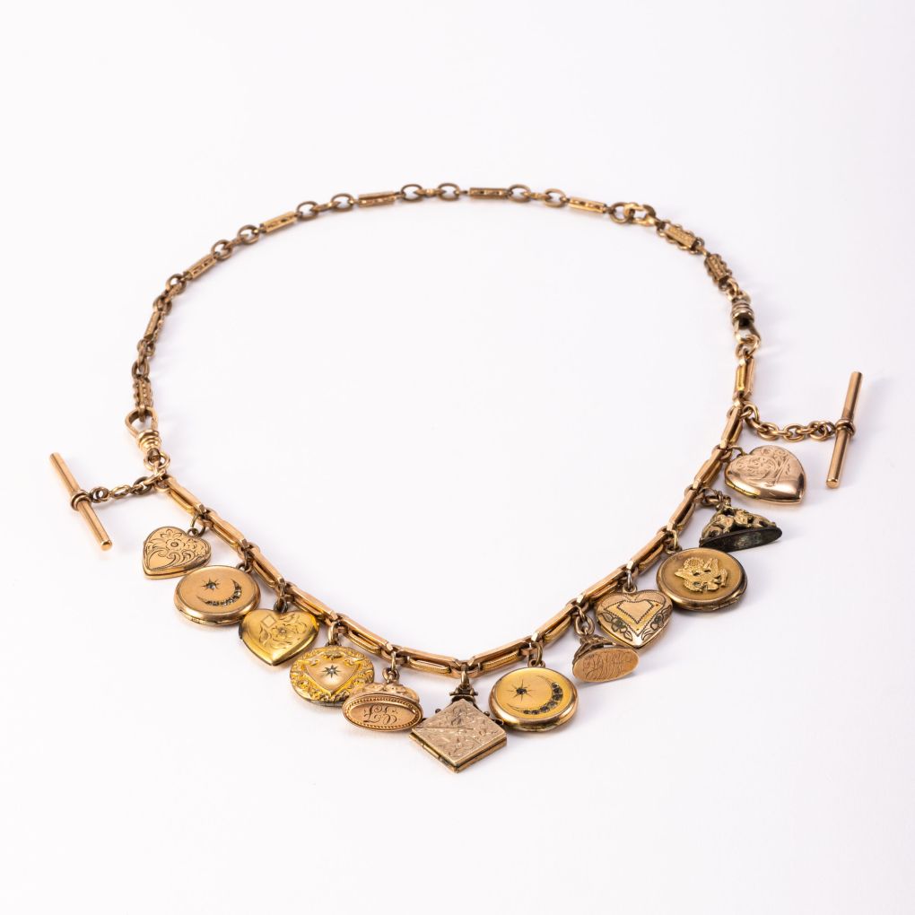 English Gold Necklace with Opening Pendants and Seals