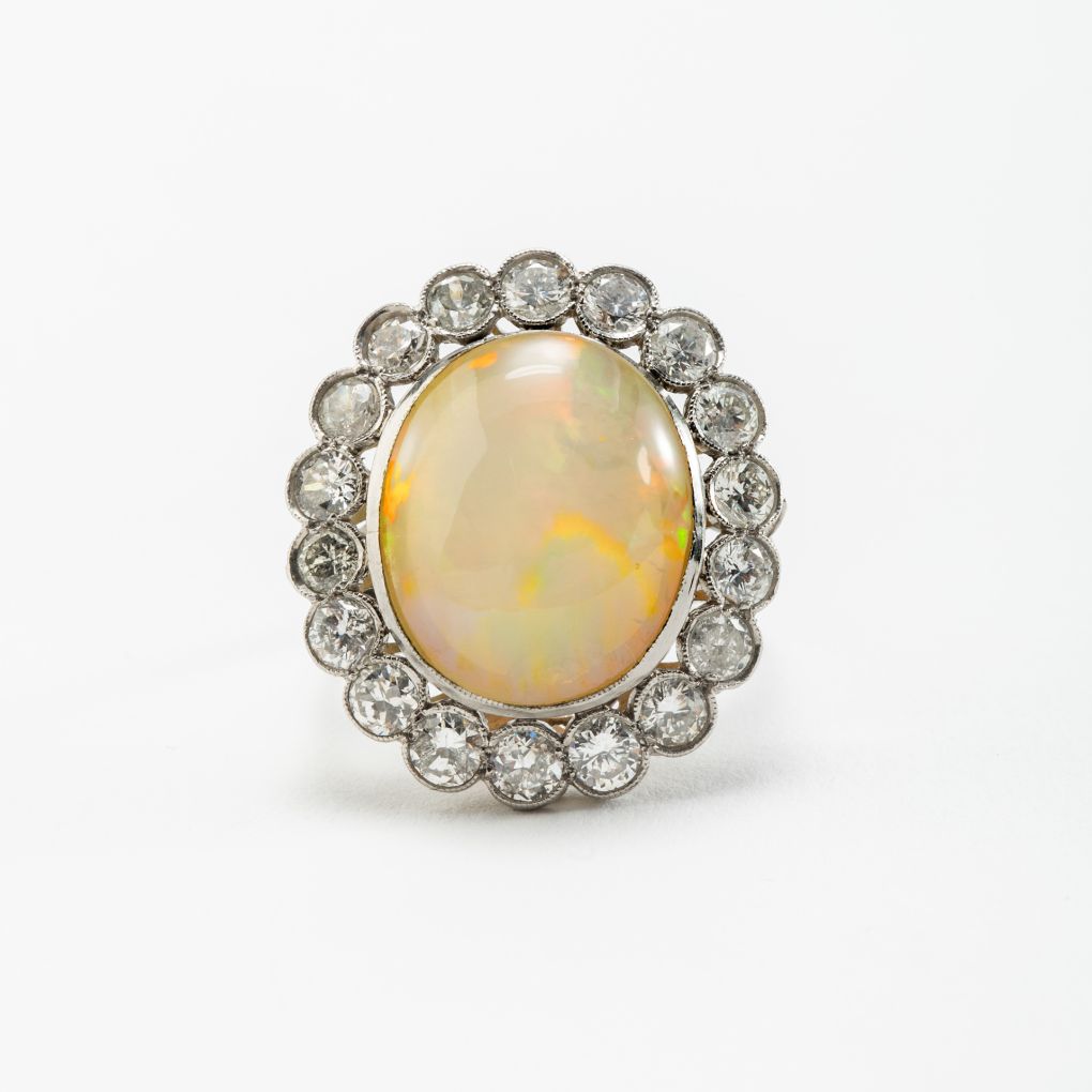 White Gold Ring with Precious Opal and Diamonds