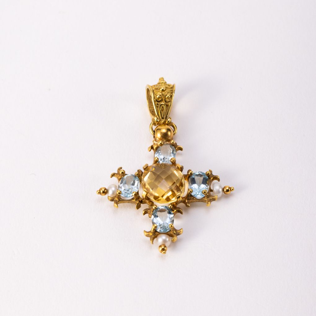 Gold Cross with Citrine, Aquamarine, and Seed Pearls